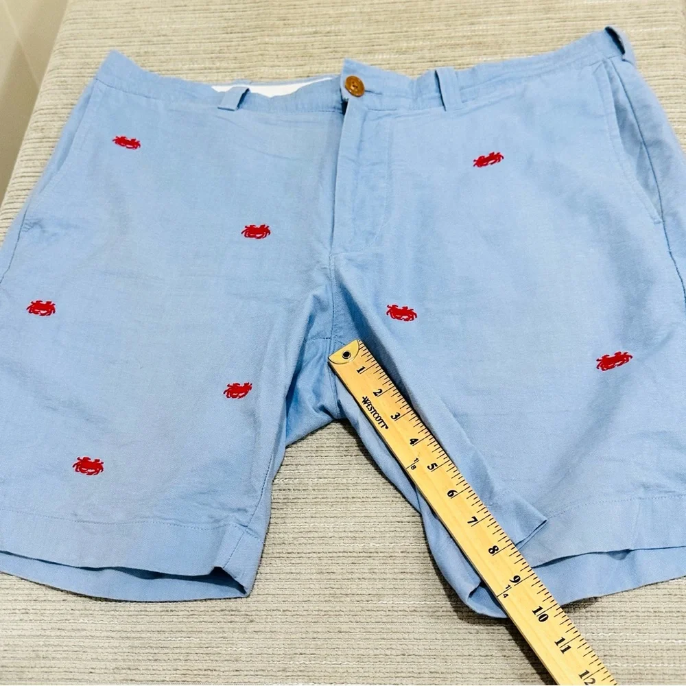 J Crew Men’s 35W Sunwashed Oxford Blue‎ 9” Shorts Red Crabs Cotton Chino Casual